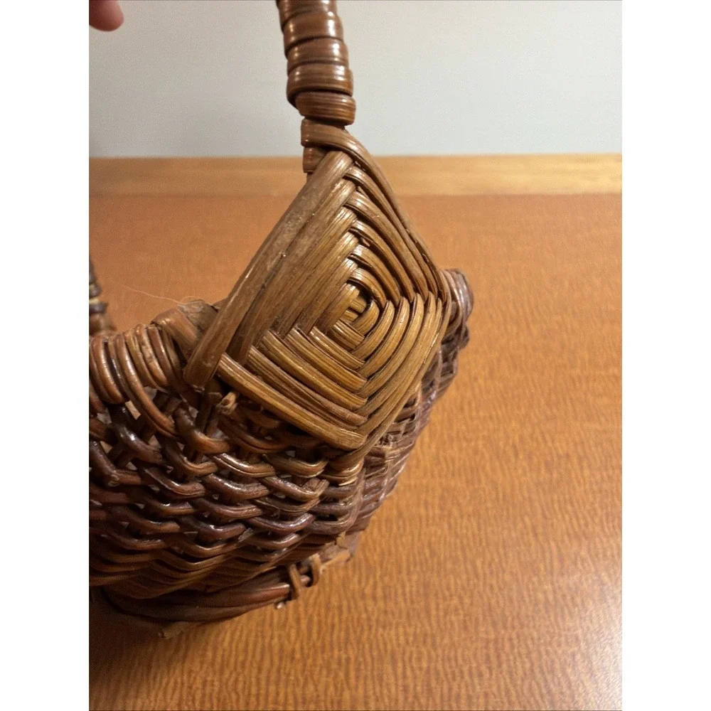 Vtg Woven Wooden Gathering Basket Arched Handle 7